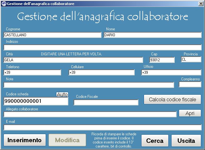 Anagrafica Collaboratori Software Ludoteca, Asili Nido e Baby Barking